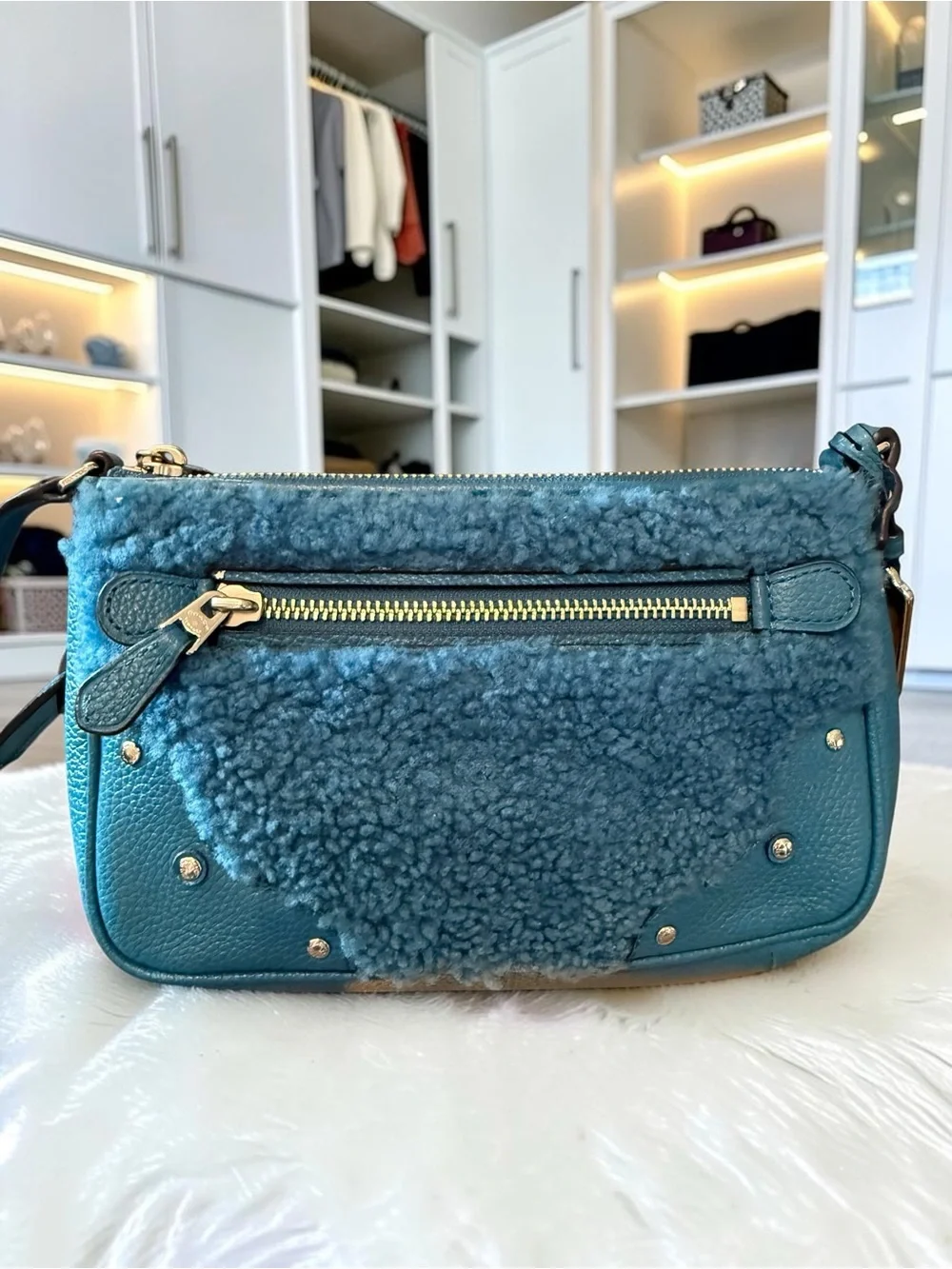 Coach Small Rhyder Pochette in Shearling & Leather — Peacock Blue - Picture 4 of 7